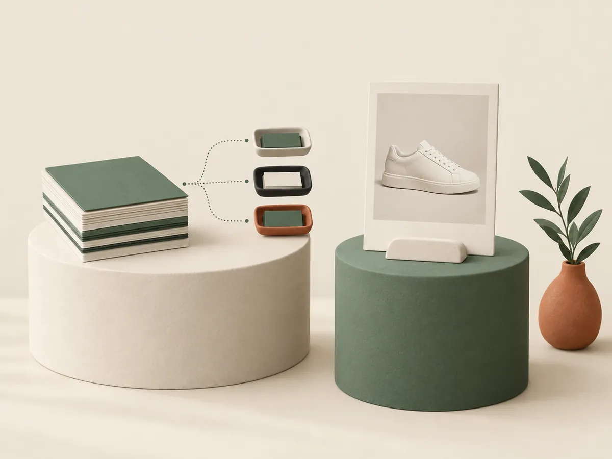 Illustration of a stack of product sheets feeding three trays beside a single framed product card