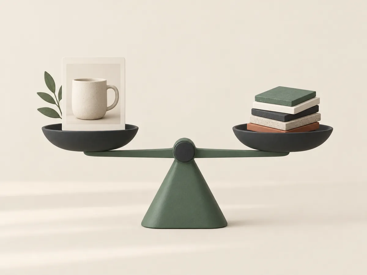 Illustration of a balance scale weighing a framed product card against a stack of design tiles