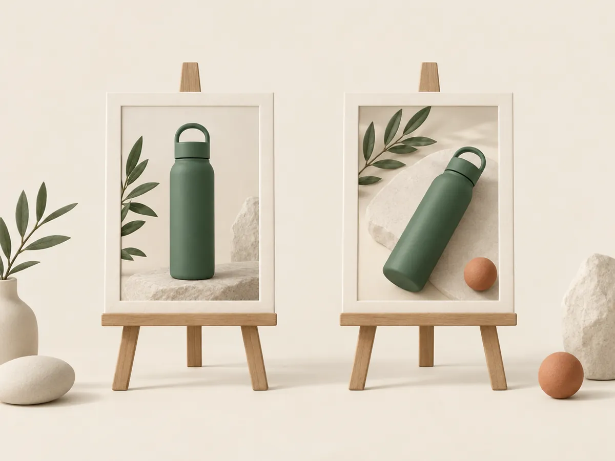 Illustration of two easels showing the same bottle in two different layouts