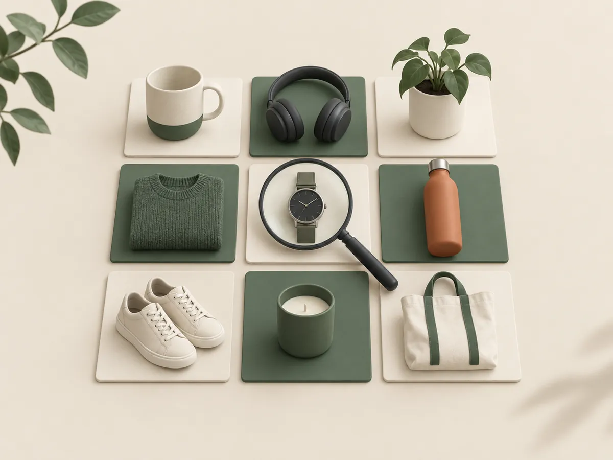 Illustration of a grid of product cards with a magnifying glass resting on one