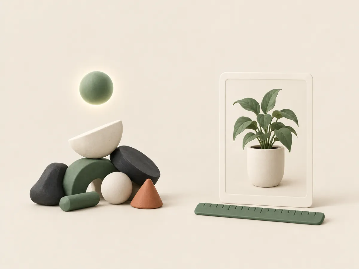 Illustration of loose shapes under a glowing orb beside a framed product card and a ruler
