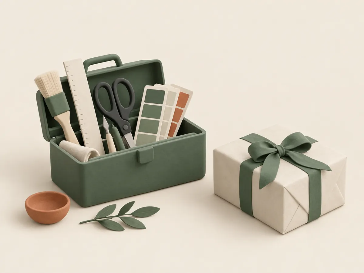 Illustration of an open toolbox of design tools next to a neatly wrapped parcel