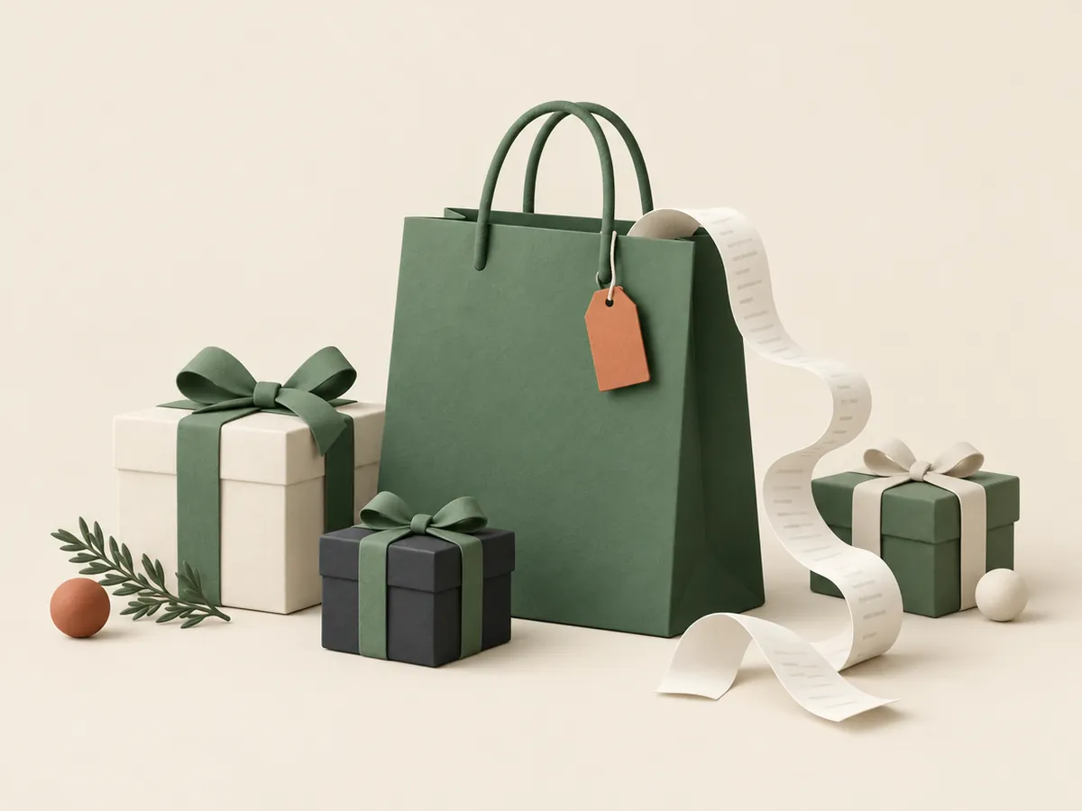 Illustration of a shopping bag with a price tag surrounded by wrapped gifts