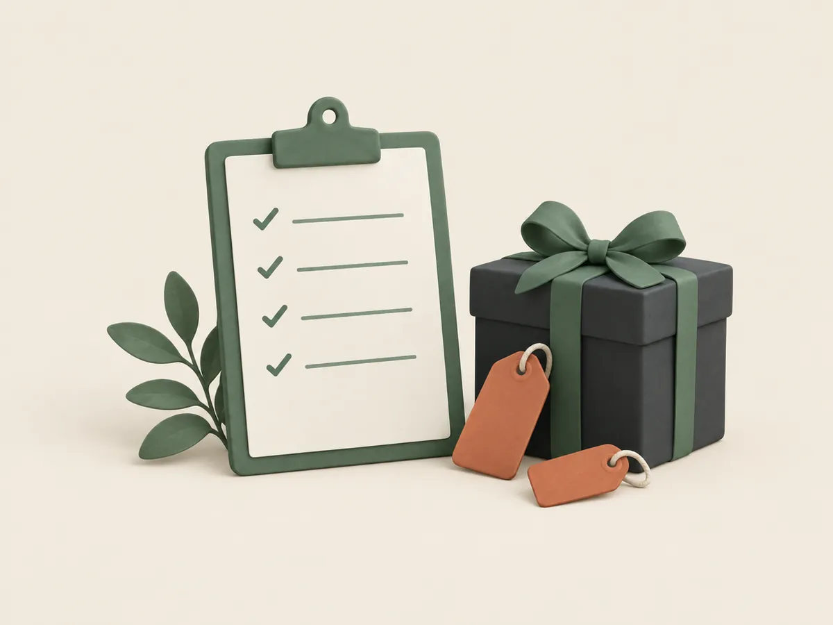 Illustration of a ticked checklist on a clipboard beside a gift box and price tags
