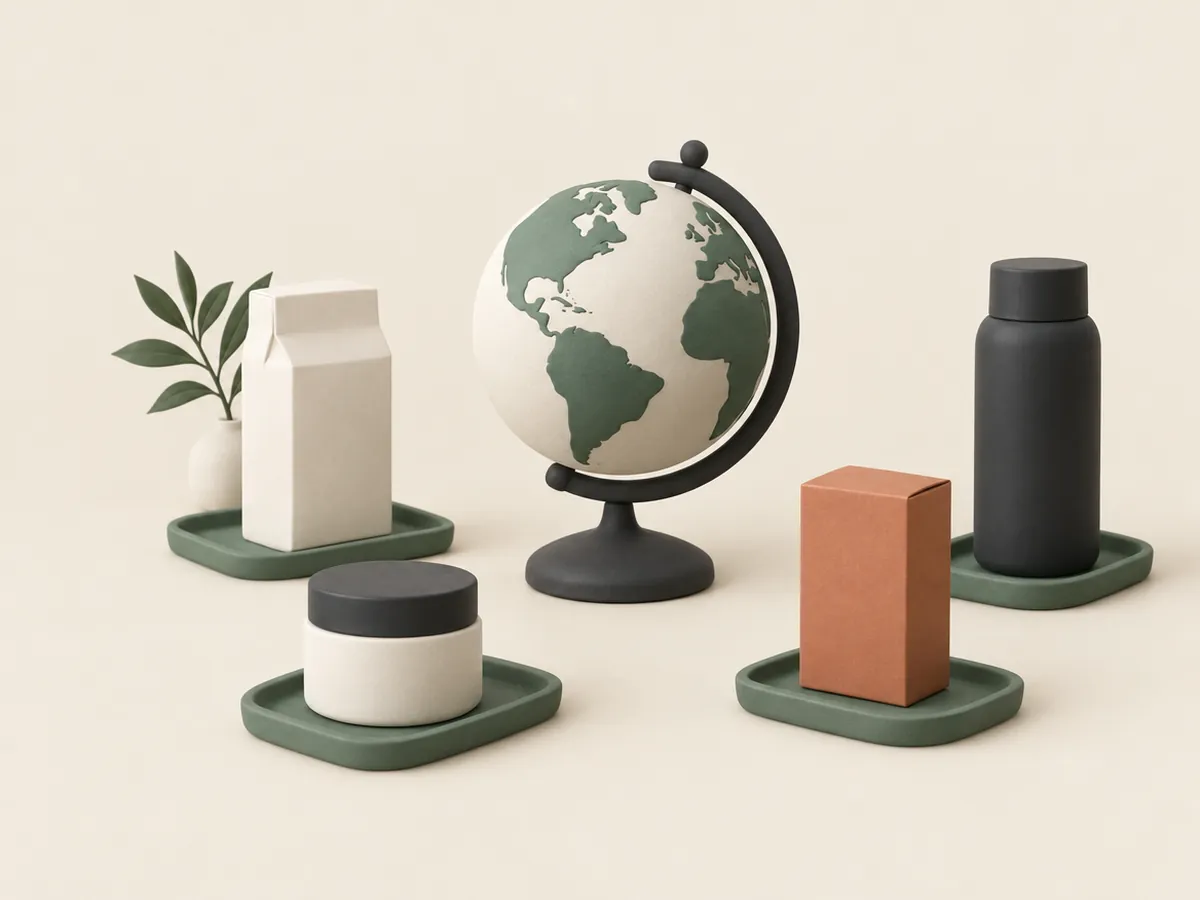 Illustration of a small globe surrounded by products on separate trays