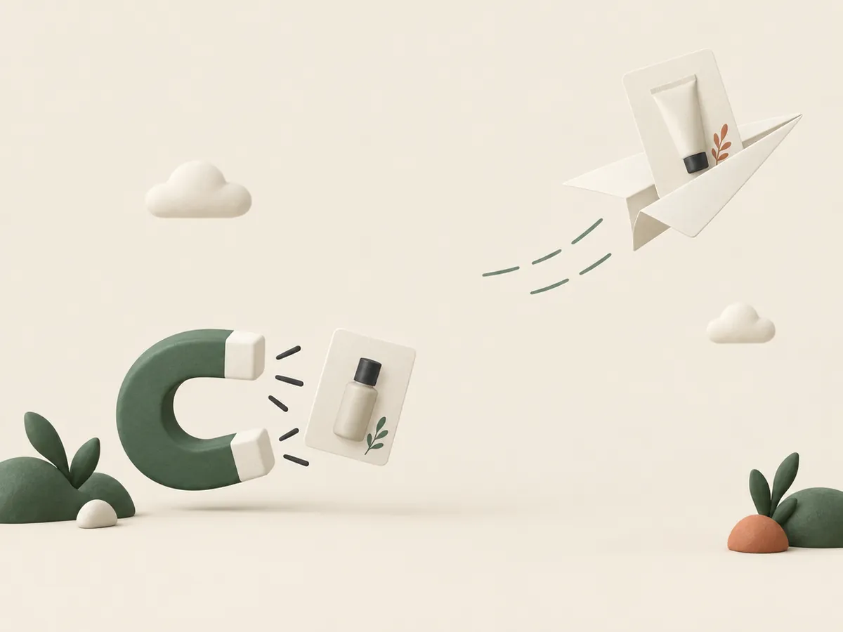 Illustration of a paper aeroplane carrying a product card out and a magnet pulling one back