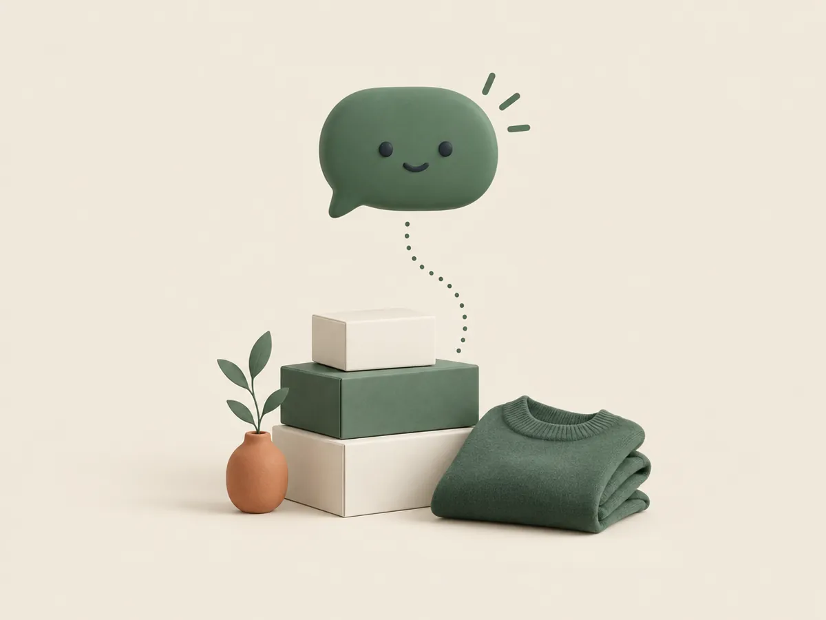 Illustration of a chat bubble above a stack of product boxes and a folded jumper