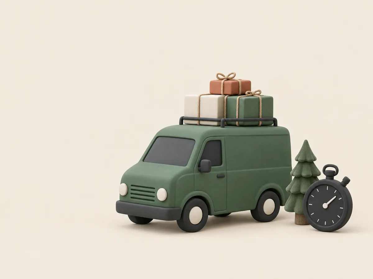 Illustration of a delivery van loaded with parcels beside a small fir tree and a stopwatch