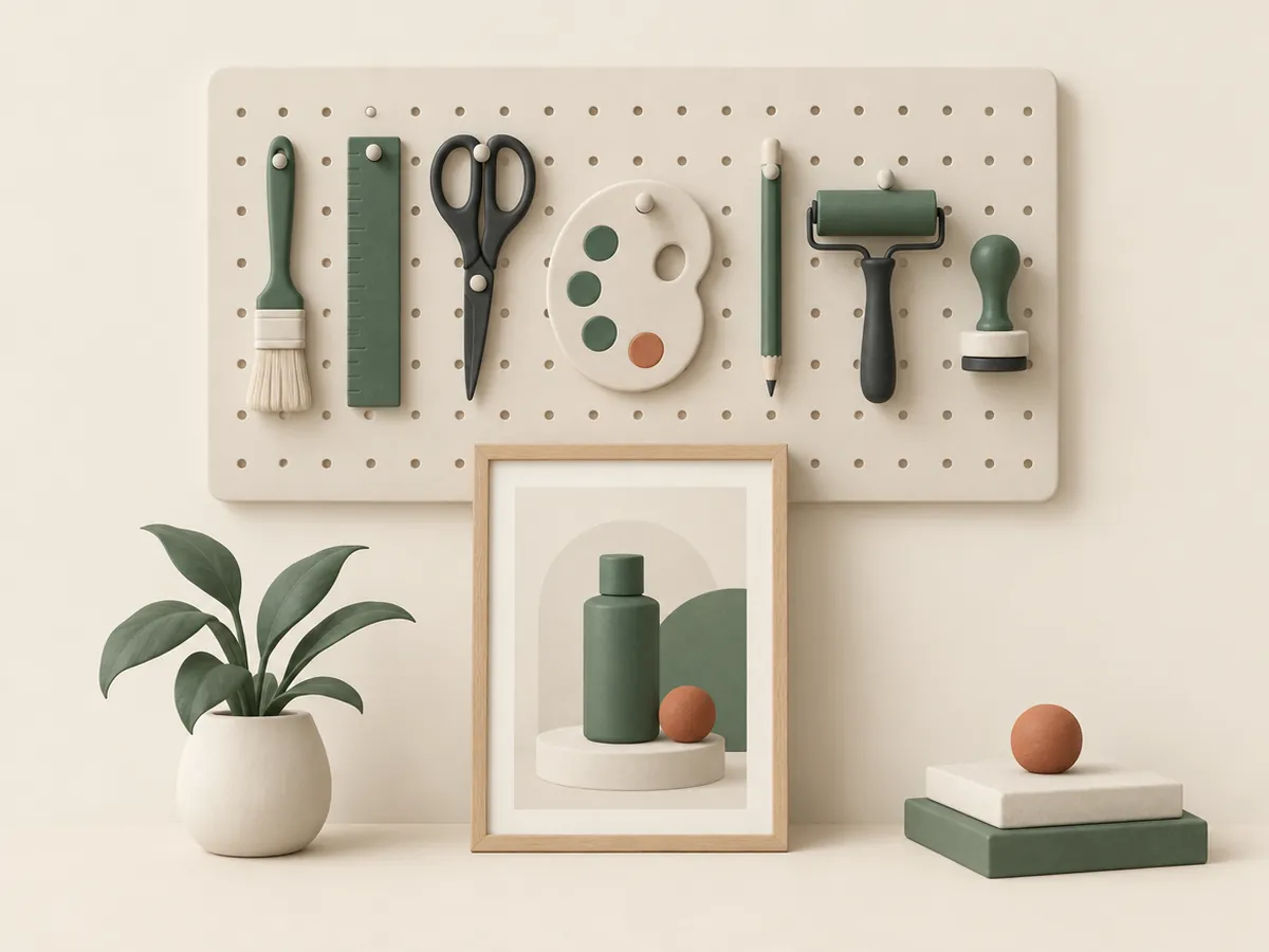 Illustration of design tools on a pegboard above a framed product card