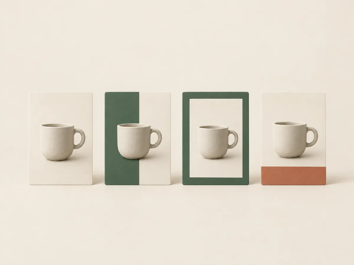 Illustration of four layout cards arranging the same cup in different ways