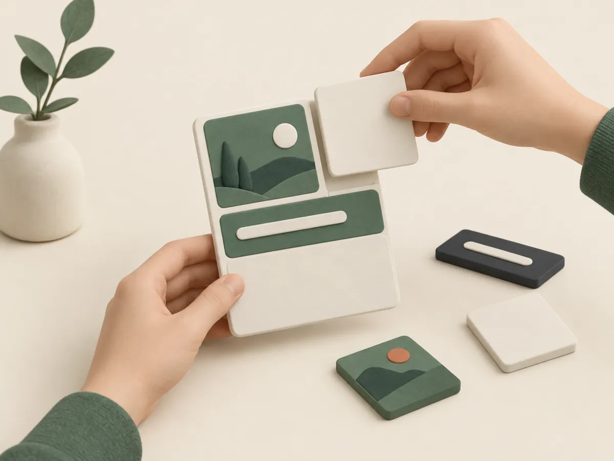 Illustration of hands slotting interchangeable tiles together into one ad card