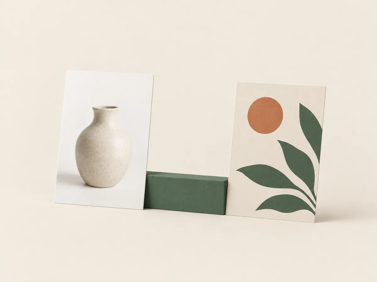 Illustration of a plain product photo kept apart from a decorated card with a badge