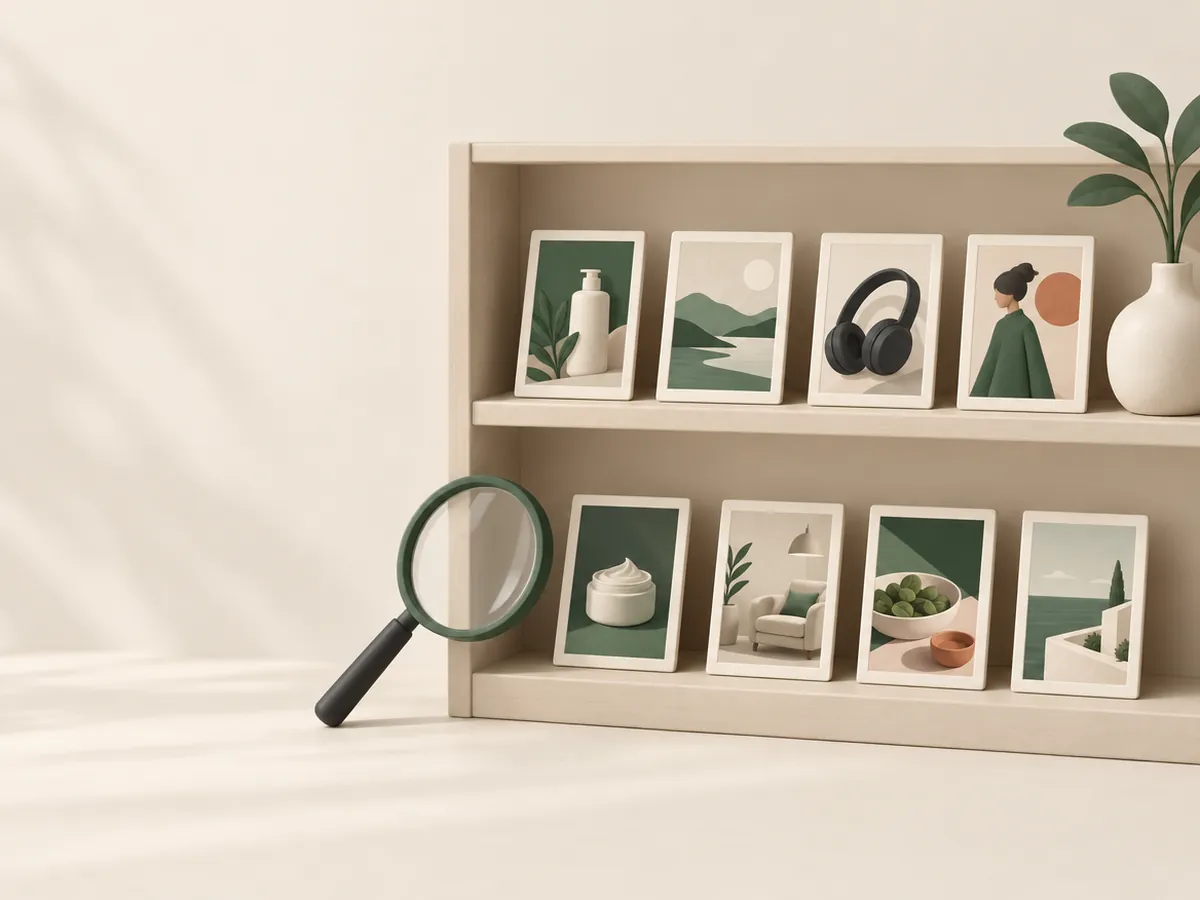 Illustration of a shelf of framed ad cards with a magnifying glass