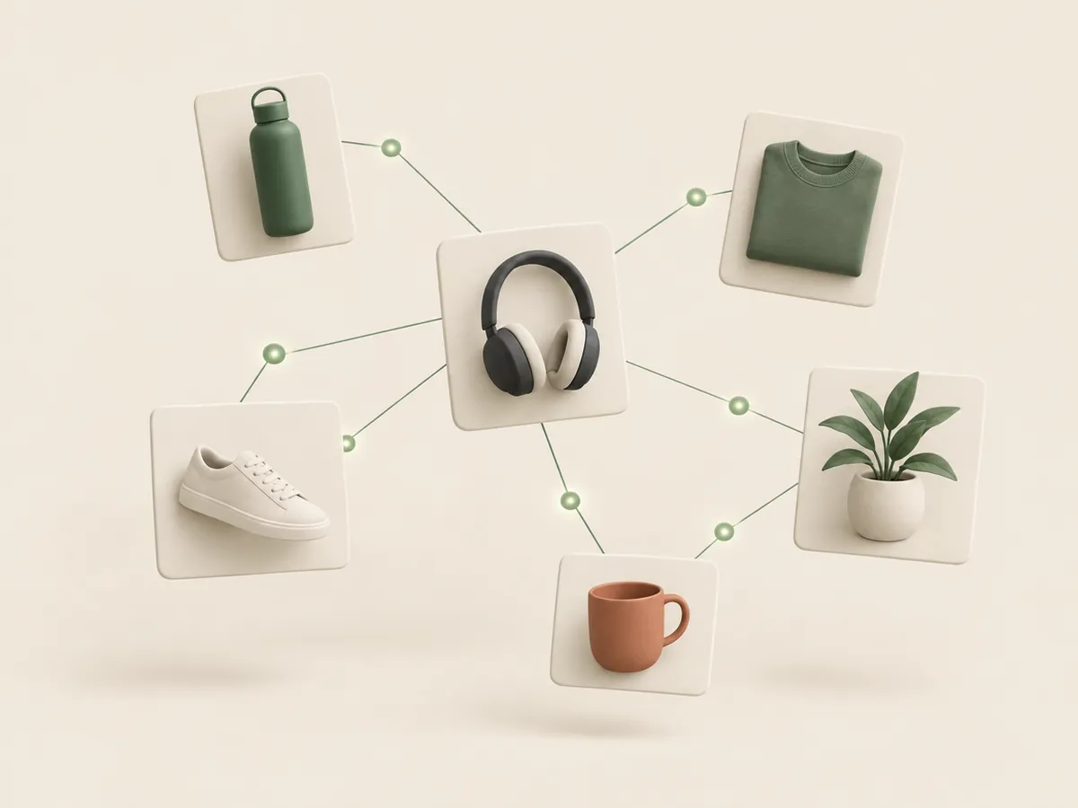 Illustration of product cards linked by a network of glowing nodes