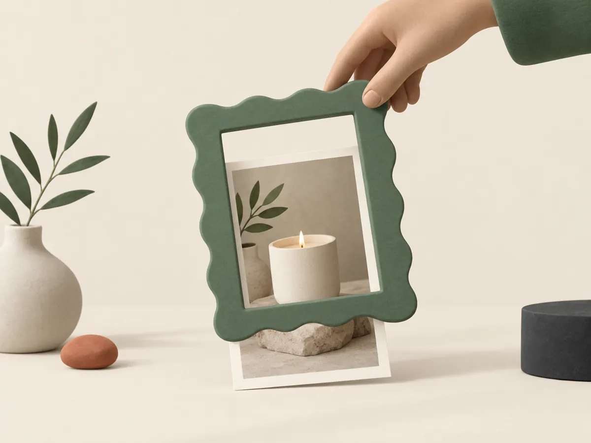 Illustration of a decorative frame being lowered onto a candle product photo