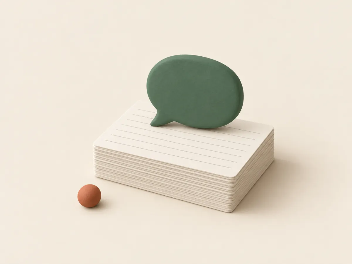 Illustration of a speech bubble resting on a stack of index cards
