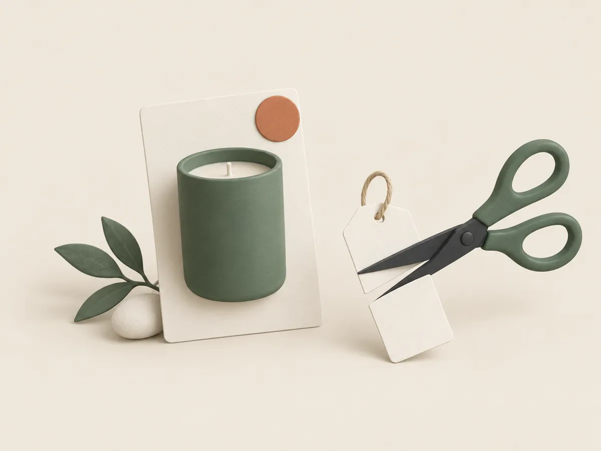 Illustration of a candle product card with a sale badge beside scissors cutting a price tag