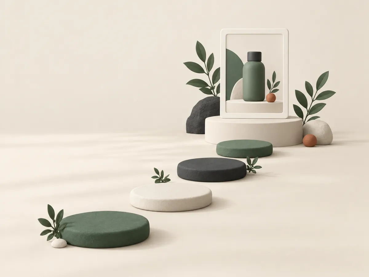 Illustration of stepping stones leading to a framed product card on a pedestal