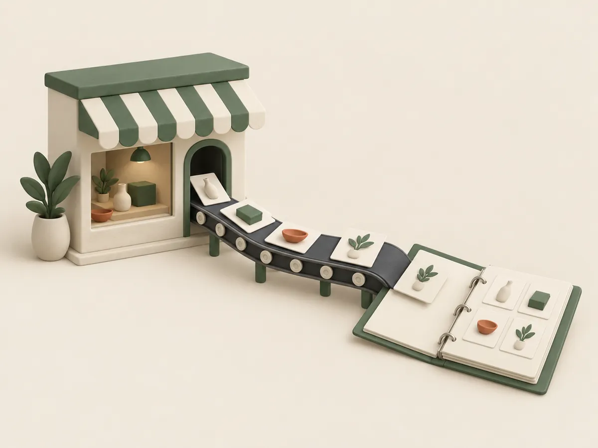 Illustration of a shopfront with a conveyor carrying product cards into a binder