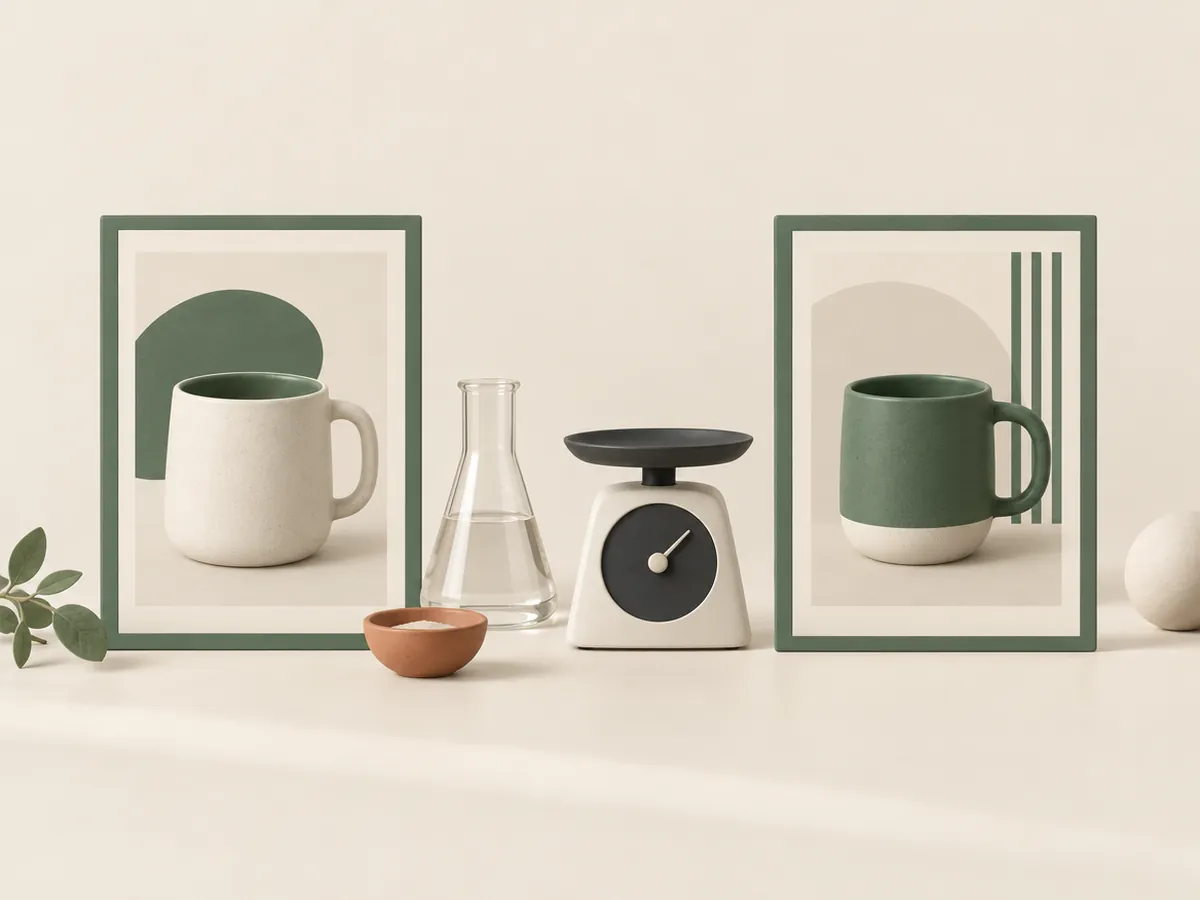 Illustration of two designs of the same mug side by side with a beaker and scales