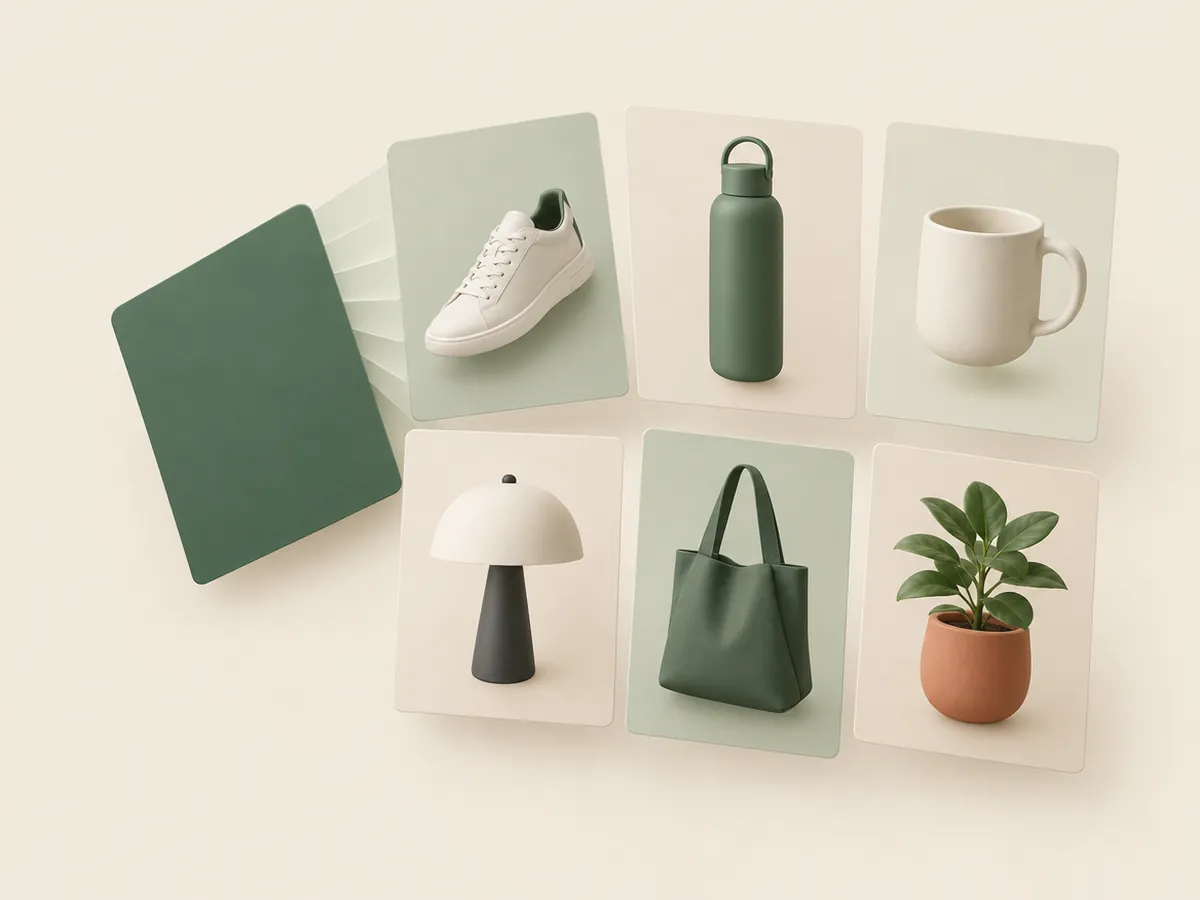 Illustration of one card fanning out into a grid of different product cards