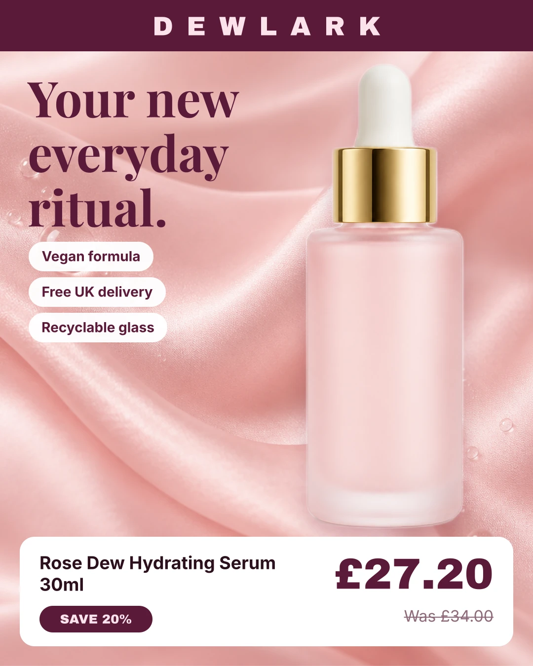 Editorial design for an invented skincare brand, with a serif hook on a silk texture
