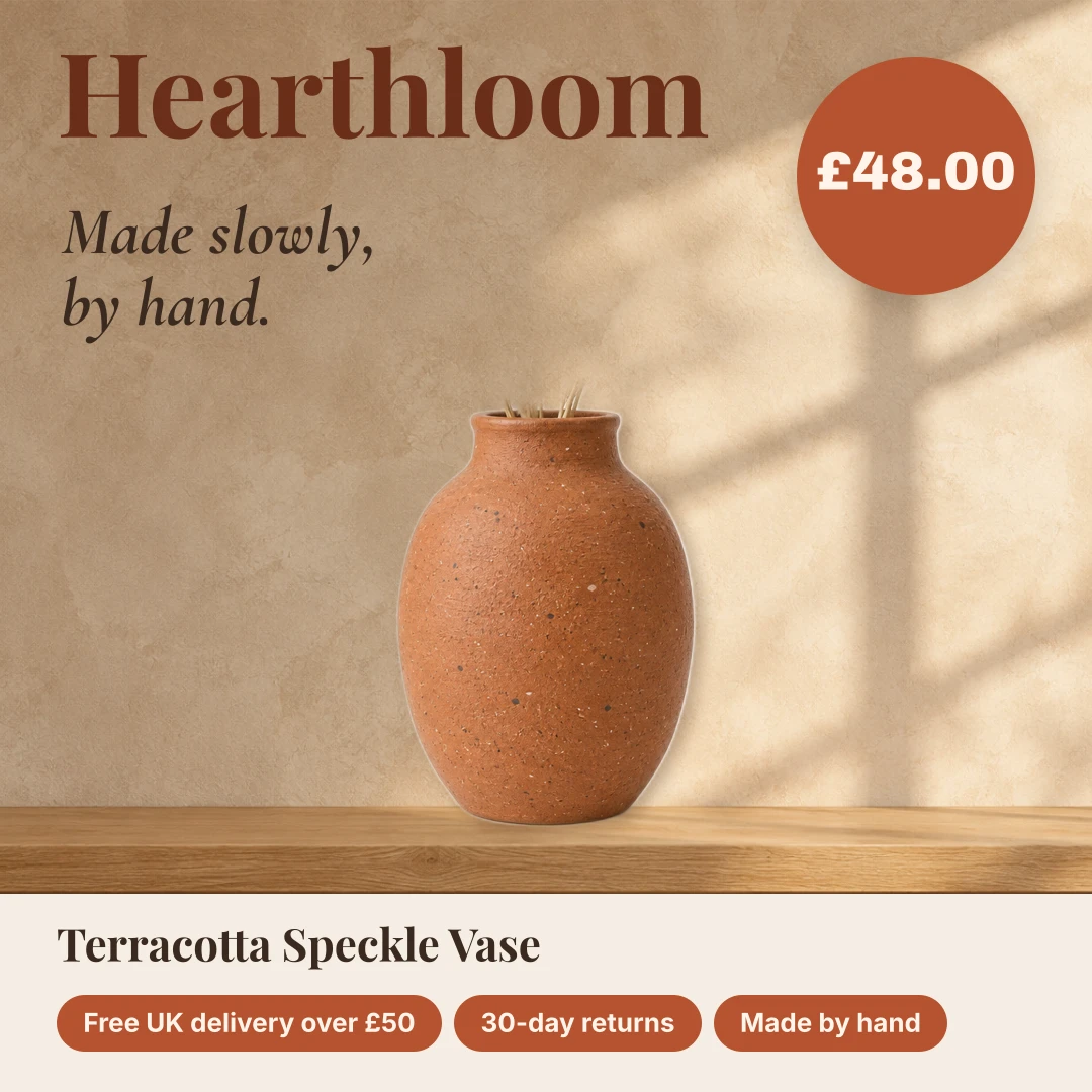 Lifestyle design for an invented homeware brand: a vase seated on an oak shelf with a price disc