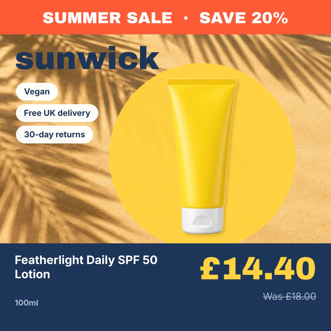 Price-led design for an invented sun care brand, with a SUMMER SALE SAVE 20% band